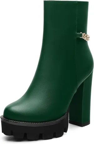 , Round Toe High Chunky Heel Platform Ankle Booties for Women, Block Heel Short Boots with Ankle Chain 4.7",Women Shoes for Workpalce, Street and Banquet.