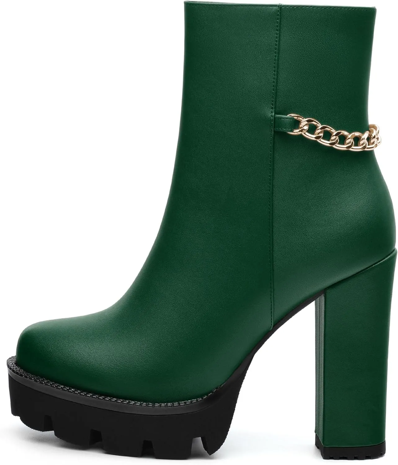 , Round Toe High Chunky Heel Platform Ankle Booties for Women, Block Heel Short Boots with Ankle Chain 4.7",Women Shoes for Workpalce, Street and Banquet.