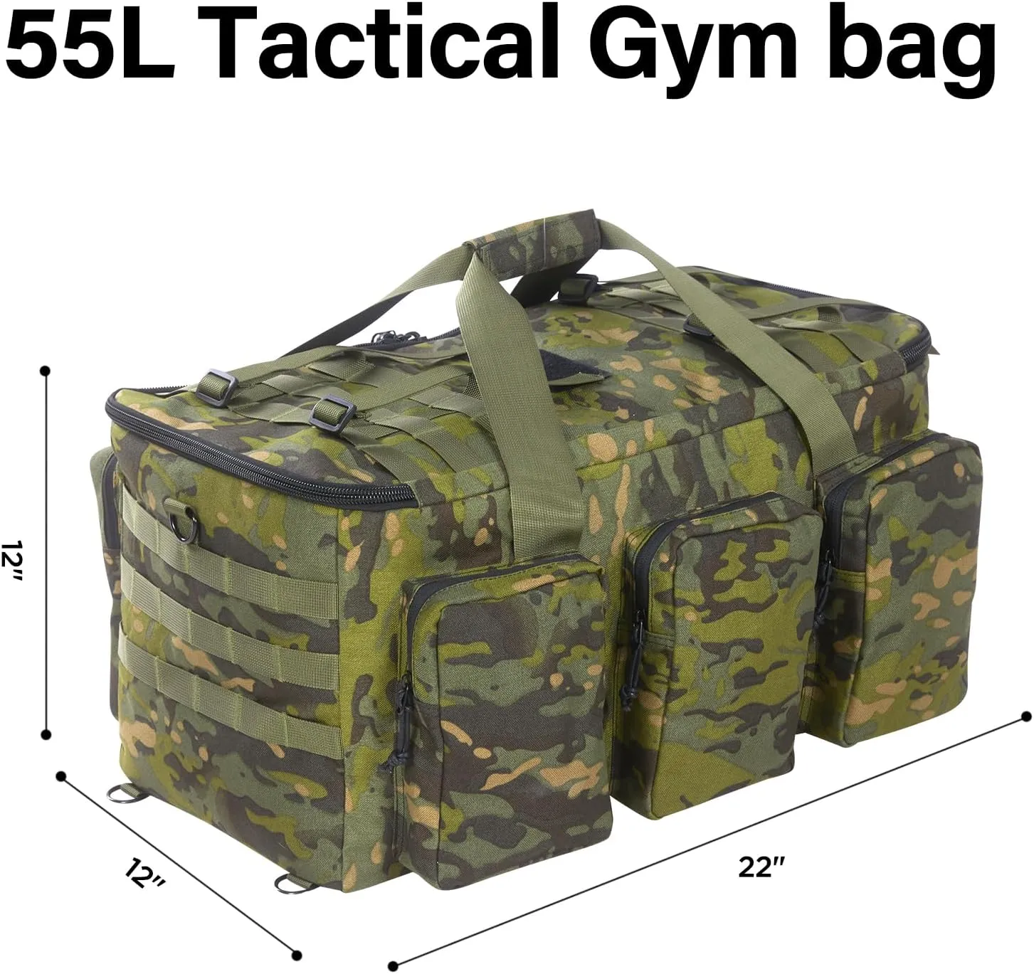 55L Tactical Military Duffle Bag with Compartments and Straps for Men, Large Size Sports Gym Duffel Bag for Weekender Travel Camping (Camo Green)
