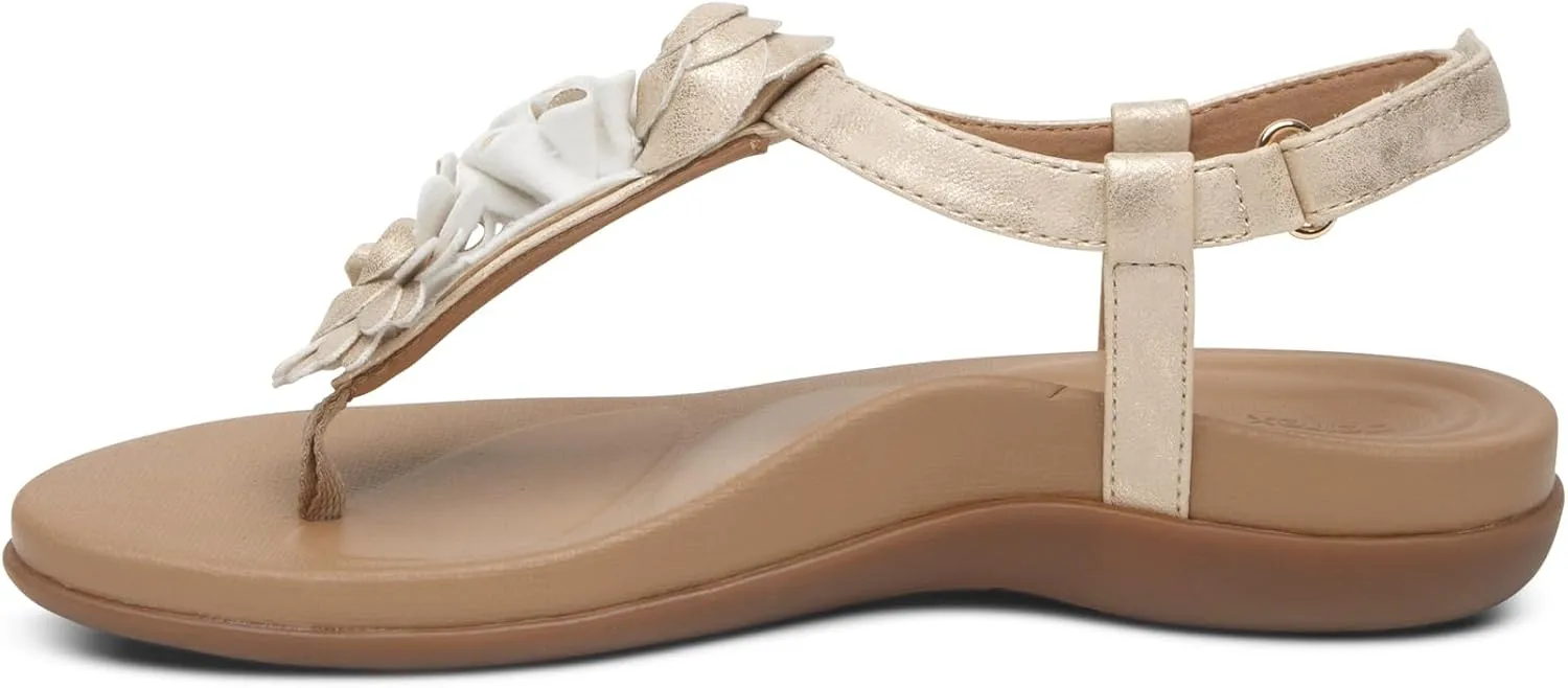 Aetrex Women's Charli Water-Friendly Orthopedic Leather Thong Sandals for Women - Arch Support Adjustable Floral Embellished Flat Sandals for Women w/Pressure Relief Design