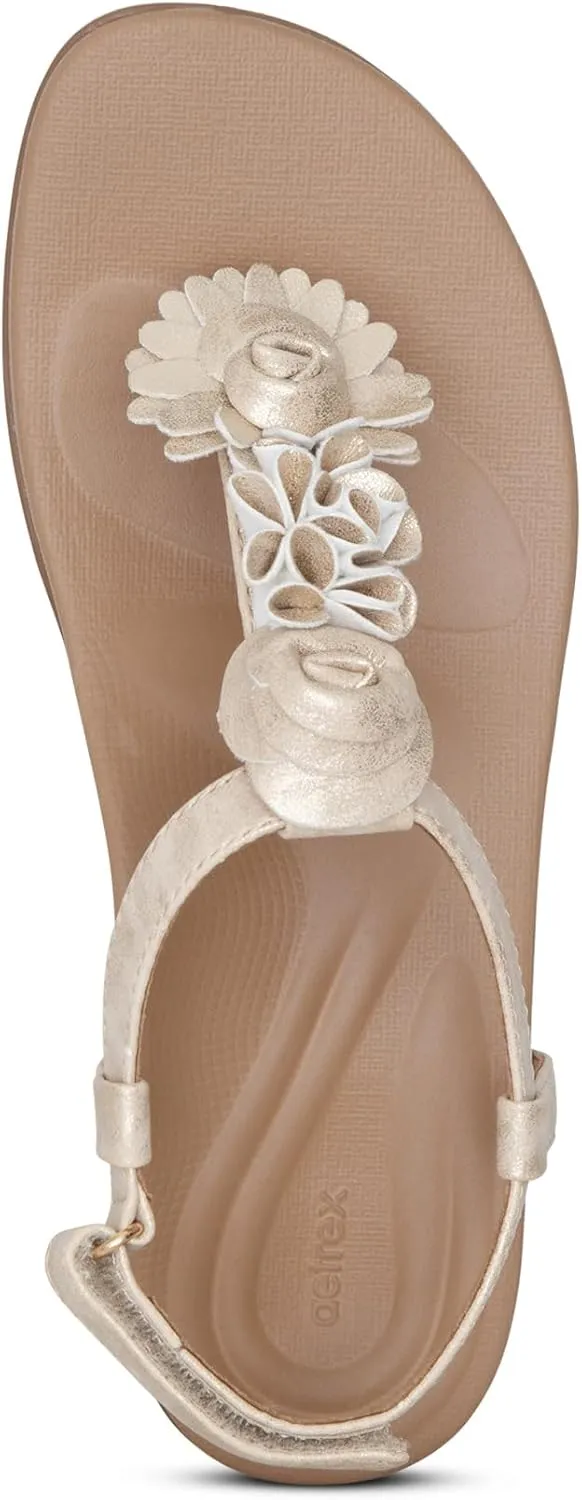 Aetrex Women's Charli Water-Friendly Orthopedic Leather Thong Sandals for Women - Arch Support Adjustable Floral Embellished Flat Sandals for Women w/Pressure Relief Design
