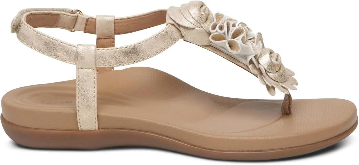 Aetrex Women's Charli Water-Friendly Orthopedic Leather Thong Sandals for Women - Arch Support Adjustable Floral Embellished Flat Sandals for Women w/Pressure Relief Design
