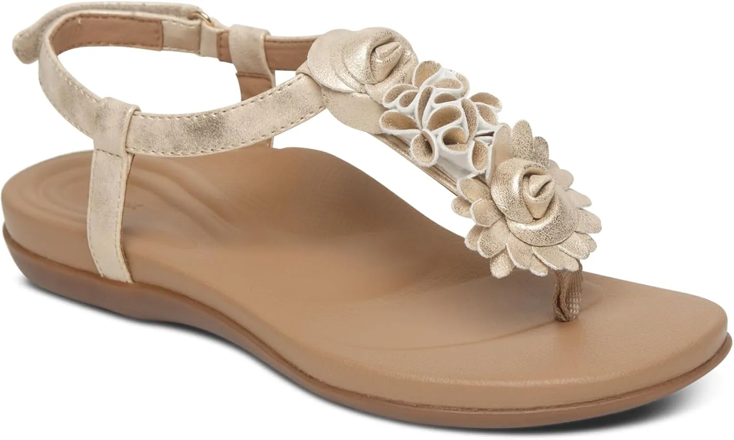 Aetrex Women's Charli Water-Friendly Orthopedic Leather Thong Sandals for Women - Arch Support Adjustable Floral Embellished Flat Sandals for Women w/Pressure Relief Design