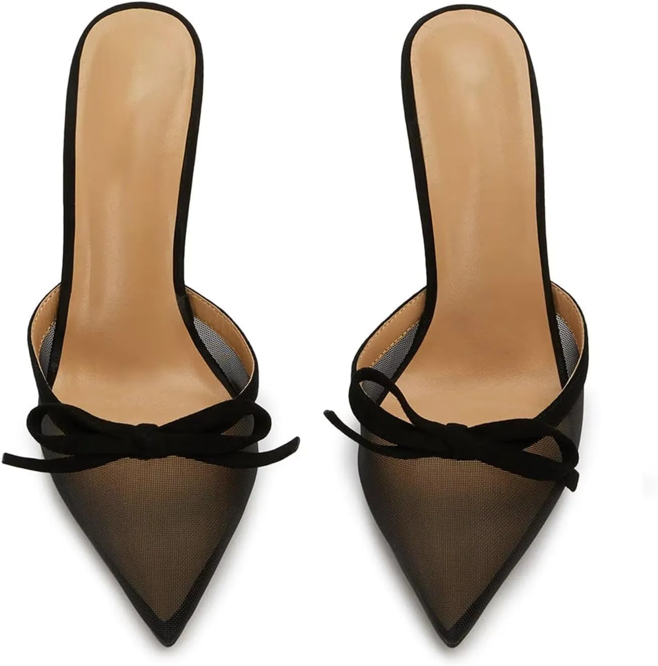 Agodor Mesh Heeled Mules for Women Slingback Stilettos High Heels Pumps Pointed Close Toe Slip On Bow Tie Dress Slide Sandals