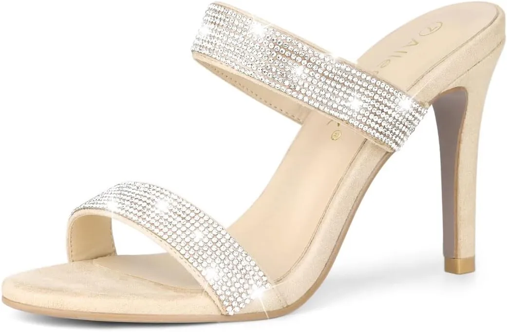 Allegra K Women's Open Toe Stiletto Heel Rhinestone Mules Sandals