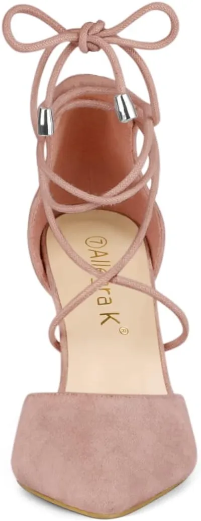 Allegra K Women's Pointed Toe Chunky Heels Lace Up Sandals Pumps
