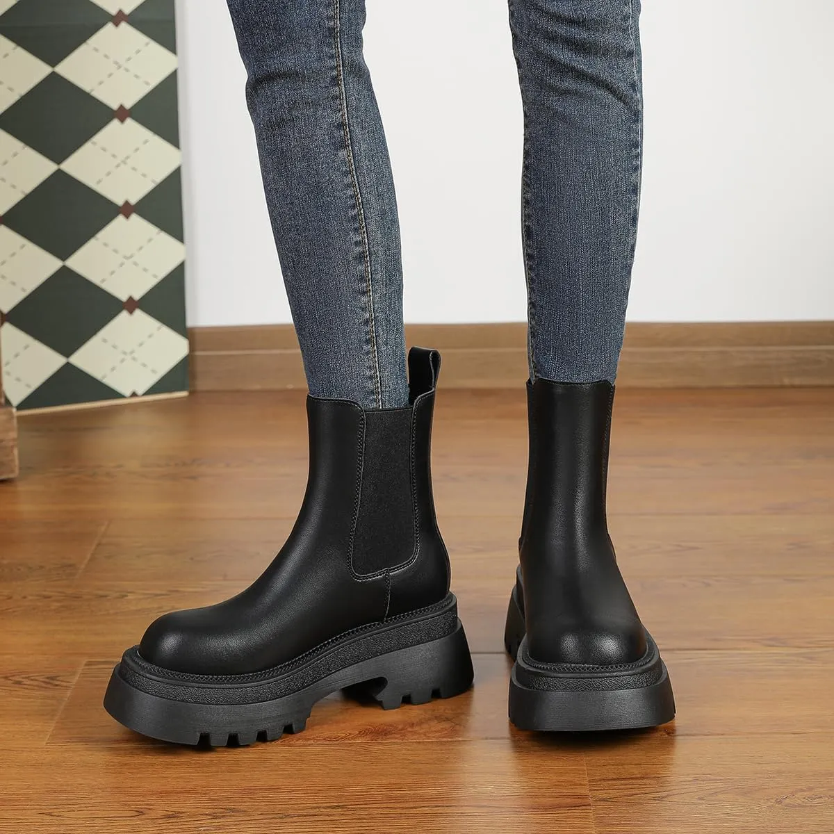 Amoji Women Leather Chelsea Platform Boots Lug Sole Ankle Booties 916
