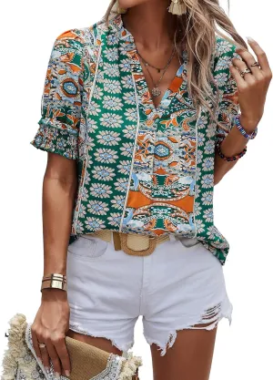 Angashion Womens Tops, Summer Casual Short Sleeve V Neck Solid Flowy Top Loose Tunic Blouses Shirts