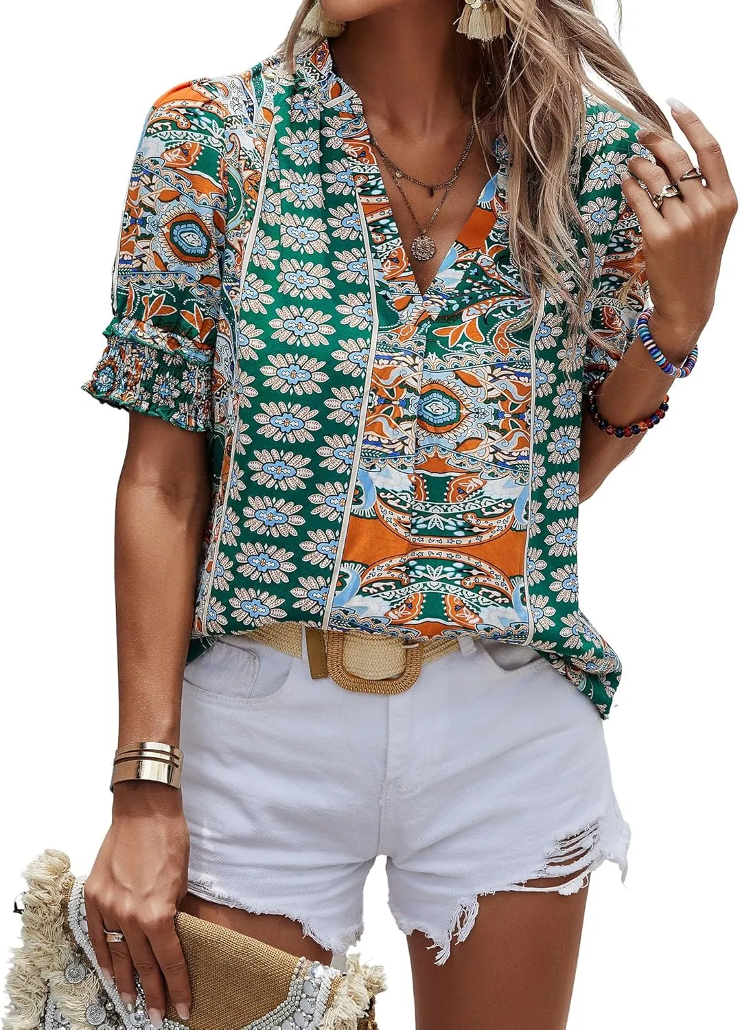 Angashion Womens Tops, Summer Casual Short Sleeve V Neck Solid Flowy Top Loose Tunic Blouses Shirts