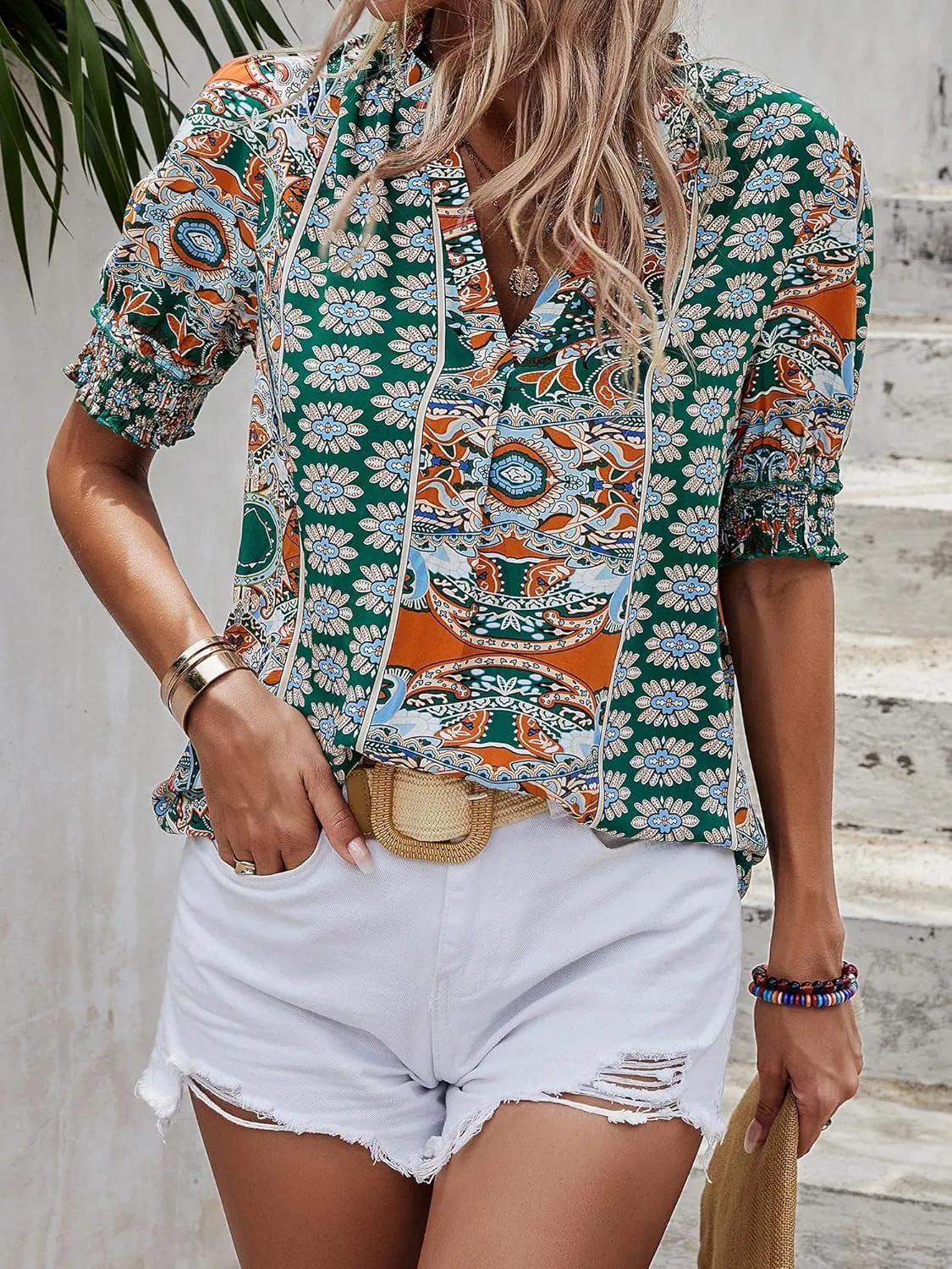 Angashion Womens Tops, Summer Casual Short Sleeve V Neck Solid Flowy Top Loose Tunic Blouses Shirts