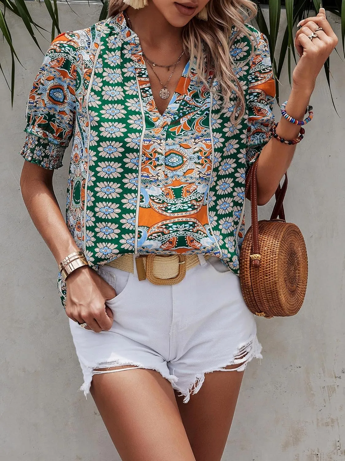 Angashion Womens Tops, Summer Casual Short Sleeve V Neck Solid Flowy Top Loose Tunic Blouses Shirts