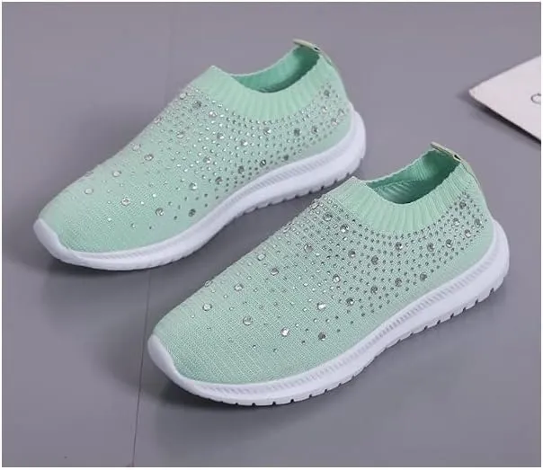AngryMonkey Women's Rhinestones Mesh Sport Slip-on Shoes,Non Slip Good Arch Breathable Lightweight Casual Sock Sneaker Nurse Shoes