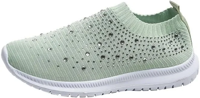 AngryMonkey Women's Rhinestones Mesh Sport Slip-on Shoes,Non Slip Good Arch Breathable Lightweight Casual Sock Sneaker Nurse Shoes