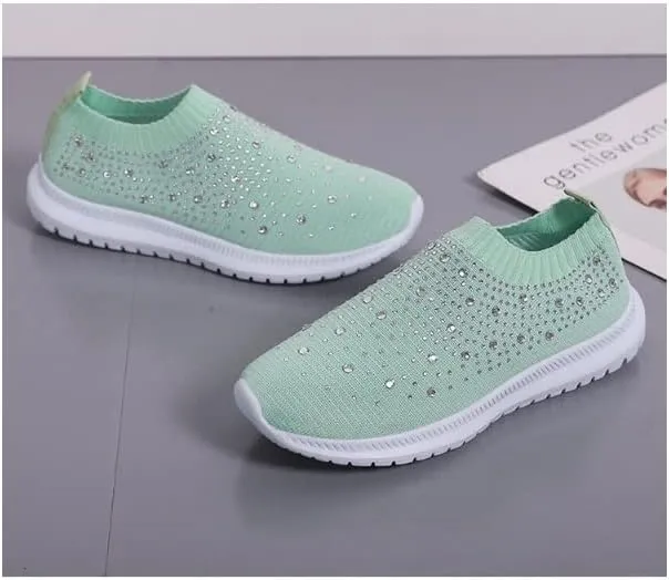 AngryMonkey Women's Rhinestones Mesh Sport Slip-on Shoes,Non Slip Good Arch Breathable Lightweight Casual Sock Sneaker Nurse Shoes