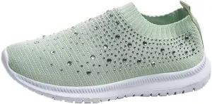 AngryMonkey Women's Rhinestones Mesh Sport Slip-on Shoes,Non Slip Good Arch Breathable Lightweight Casual Sock Sneaker Nurse Shoes