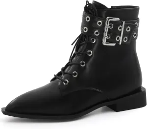 Ankle Boots for Women Eyelet Buckle Boots Pointed Toe Chunky Low Heel Boots Fashion Dress Short Boots with Zips