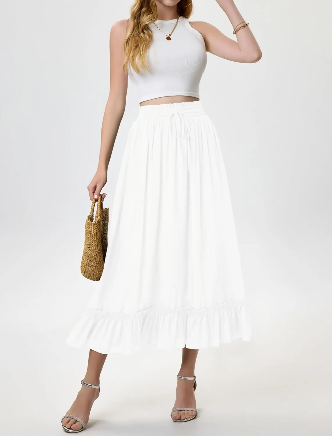 Arolina Women’s Summer Boho Flowy Tiered Maxi Skirt 2025 Fashion Elastic Waist Pleated Long Beach Dress with Pockets