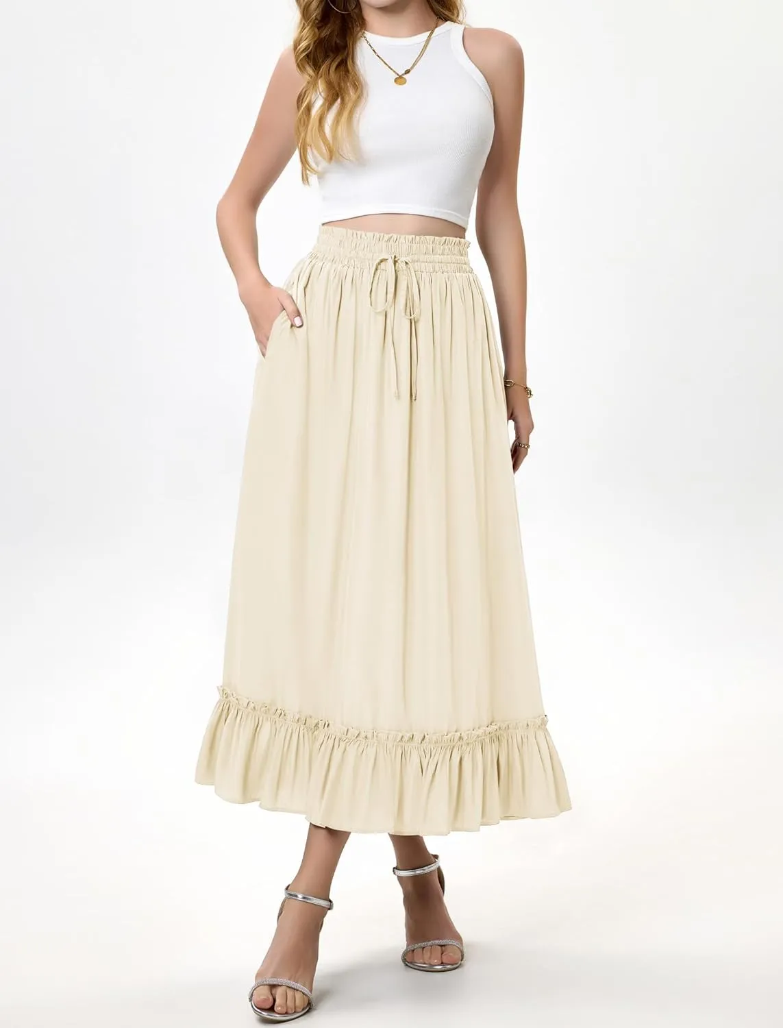 Arolina Women’s Summer Boho Flowy Tiered Maxi Skirt 2025 Fashion Elastic Waist Pleated Long Beach Dress with Pockets