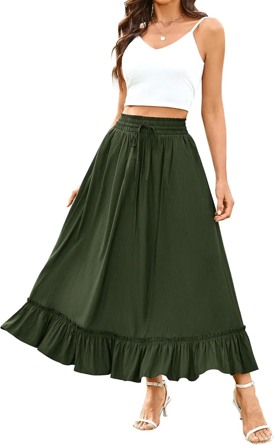 Arolina Women’s Summer Boho Flowy Tiered Maxi Skirt 2025 Fashion Elastic Waist Pleated Long Beach Dress with Pockets