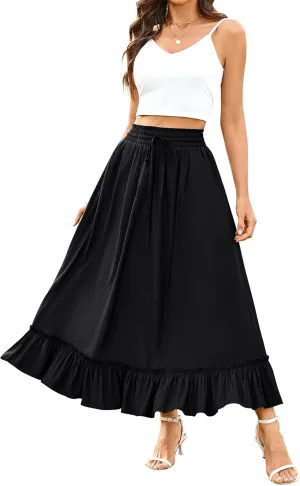 Arolina Women’s Summer Boho Flowy Tiered Maxi Skirt 2025 Fashion Elastic Waist Pleated Long Beach Dress with Pockets
