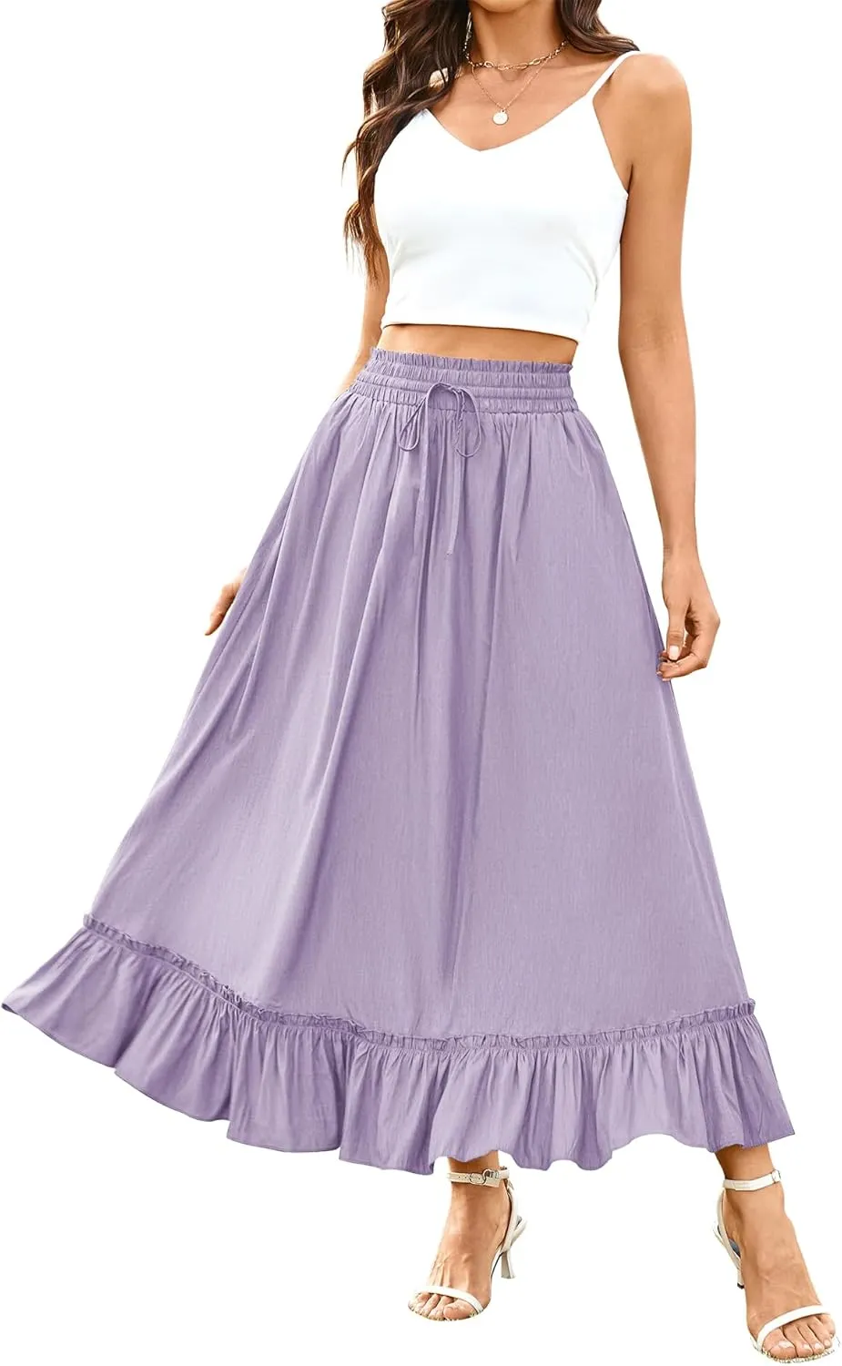 Arolina Women’s Summer Boho Flowy Tiered Maxi Skirt 2025 Fashion Elastic Waist Pleated Long Beach Dress with Pockets