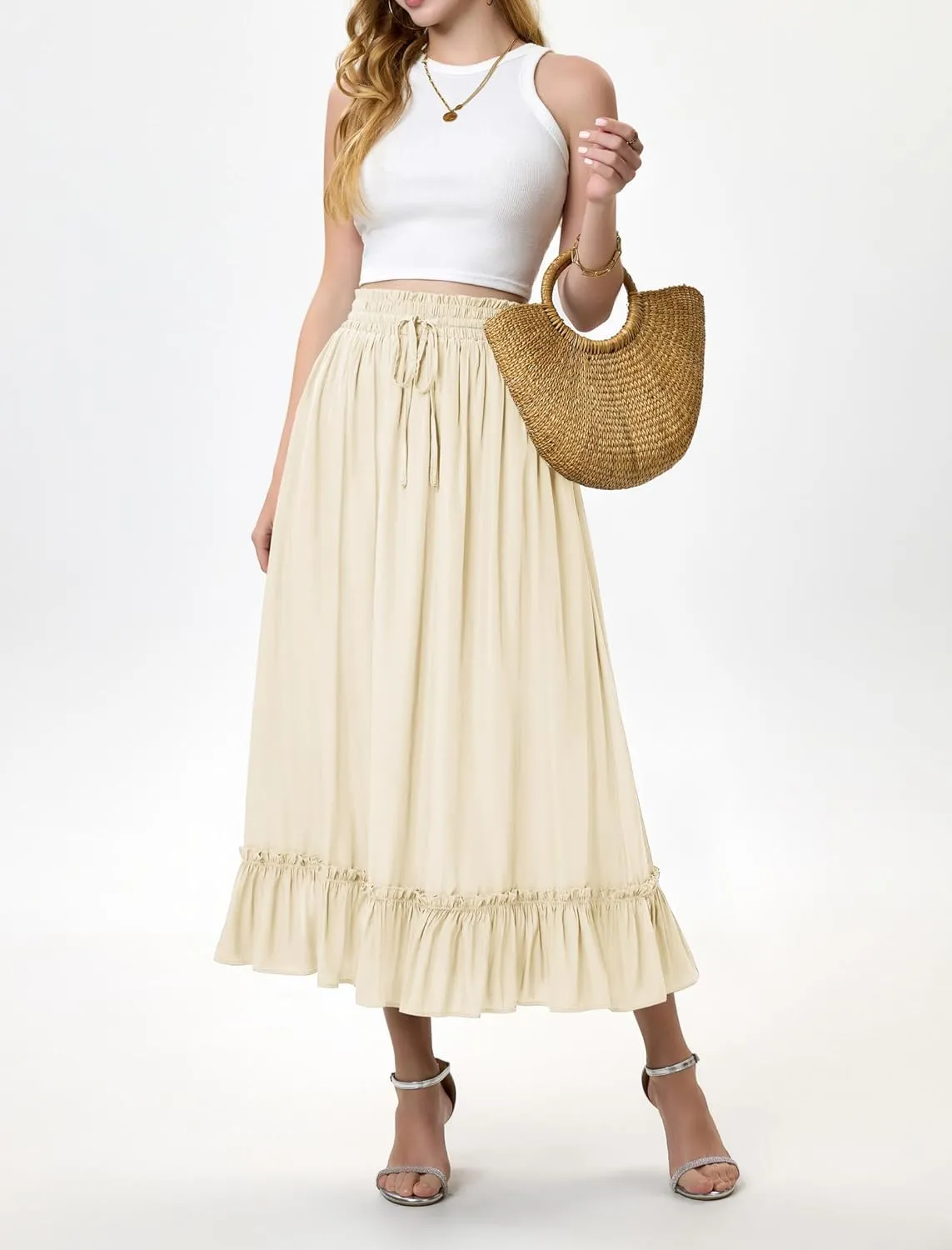 Arolina Women’s Summer Boho Flowy Tiered Maxi Skirt 2025 Fashion Elastic Waist Pleated Long Beach Dress with Pockets