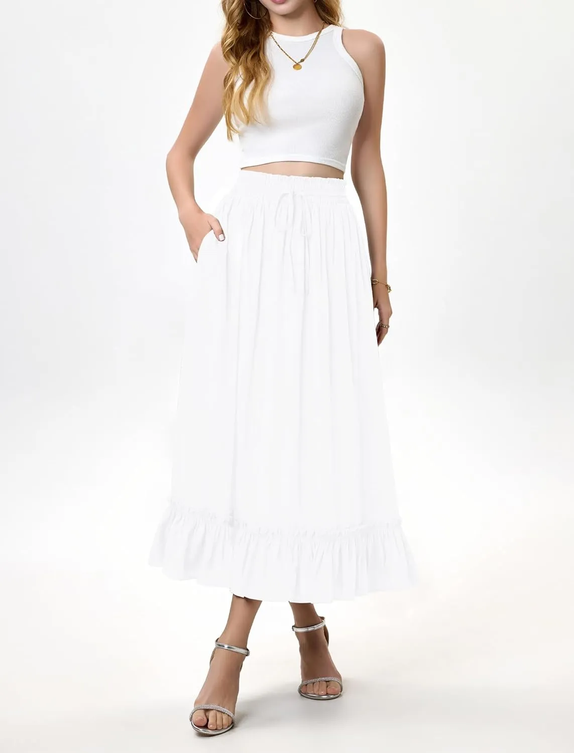 Arolina Women’s Summer Boho Flowy Tiered Maxi Skirt 2025 Fashion Elastic Waist Pleated Long Beach Dress with Pockets