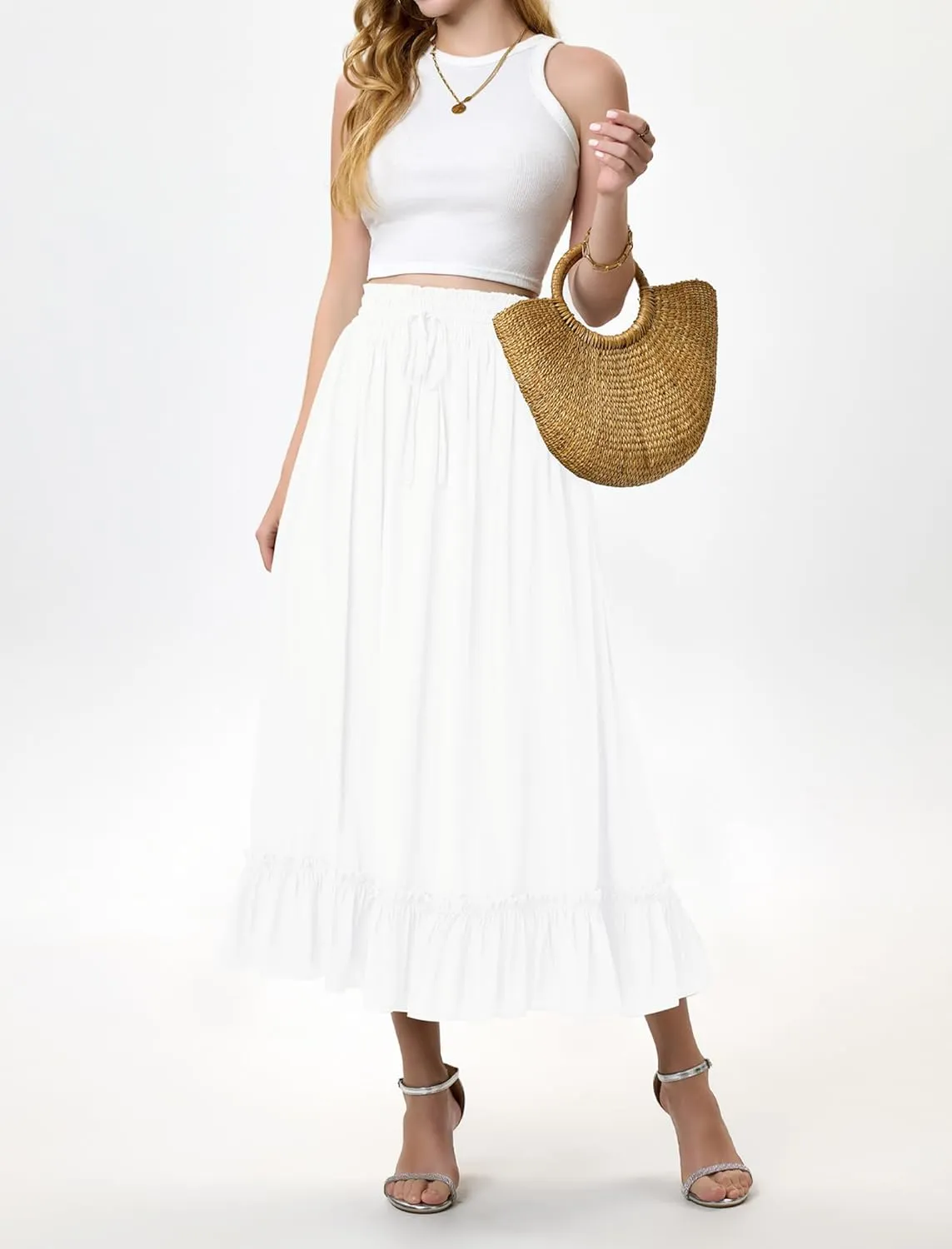 Arolina Women’s Summer Boho Flowy Tiered Maxi Skirt 2025 Fashion Elastic Waist Pleated Long Beach Dress with Pockets
