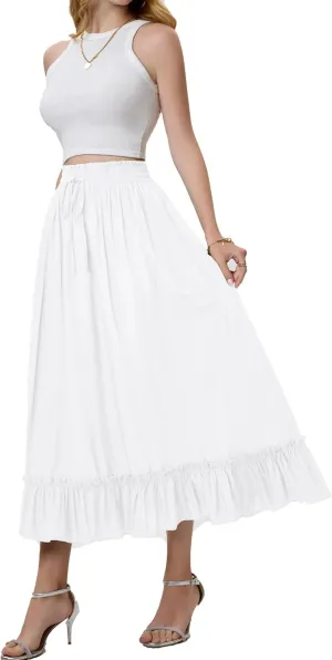 Arolina Women’s Summer Boho Flowy Tiered Maxi Skirt 2025 Fashion Elastic Waist Pleated Long Beach Dress with Pockets
