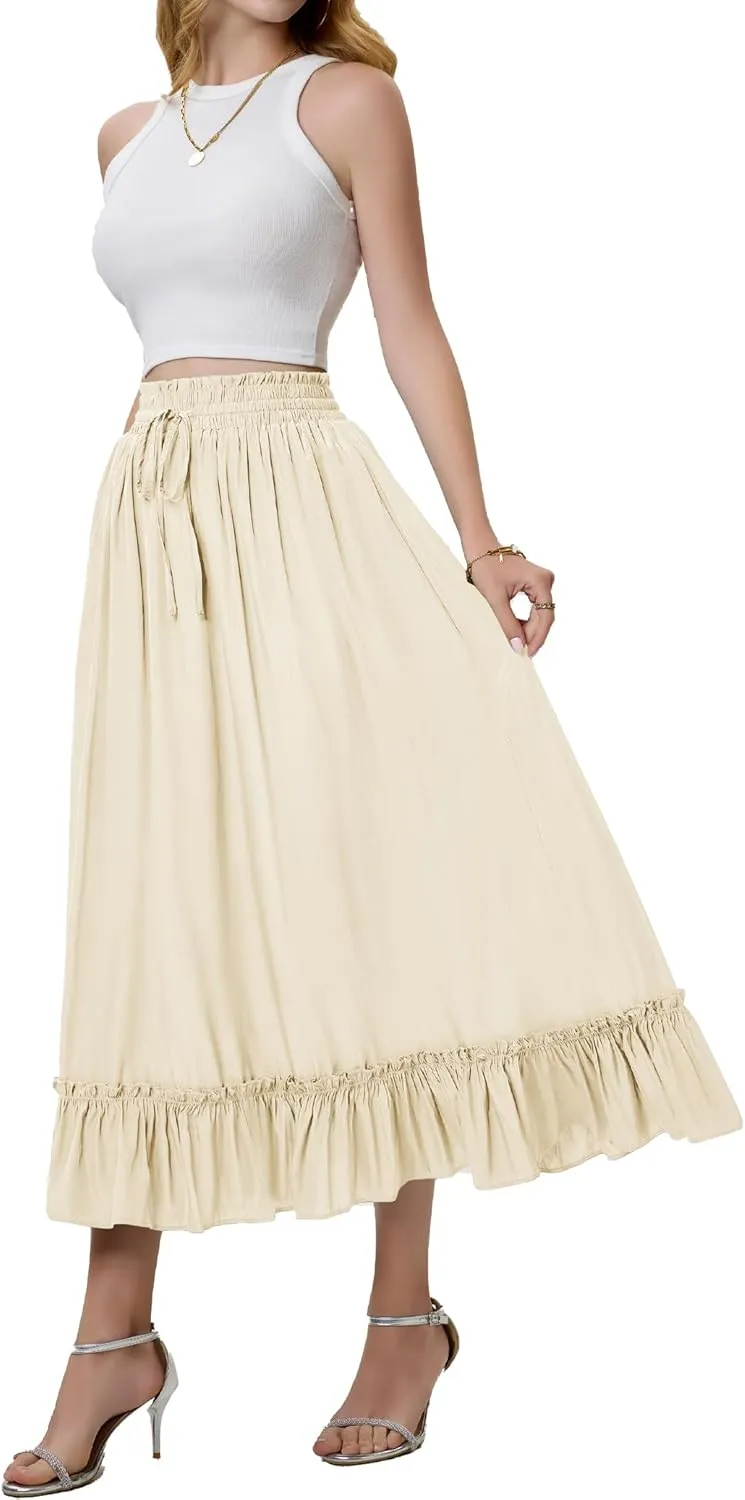 Arolina Women’s Summer Boho Flowy Tiered Maxi Skirt 2025 Fashion Elastic Waist Pleated Long Beach Dress with Pockets