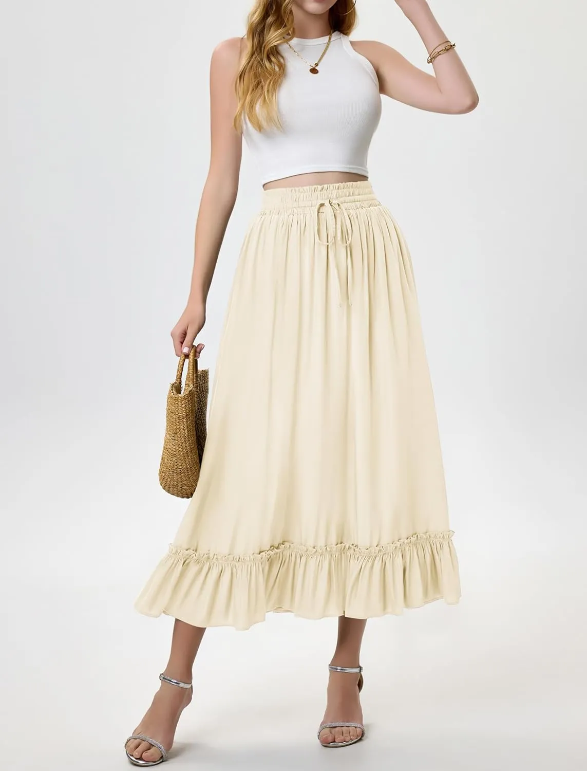 Arolina Women’s Summer Boho Flowy Tiered Maxi Skirt 2025 Fashion Elastic Waist Pleated Long Beach Dress with Pockets