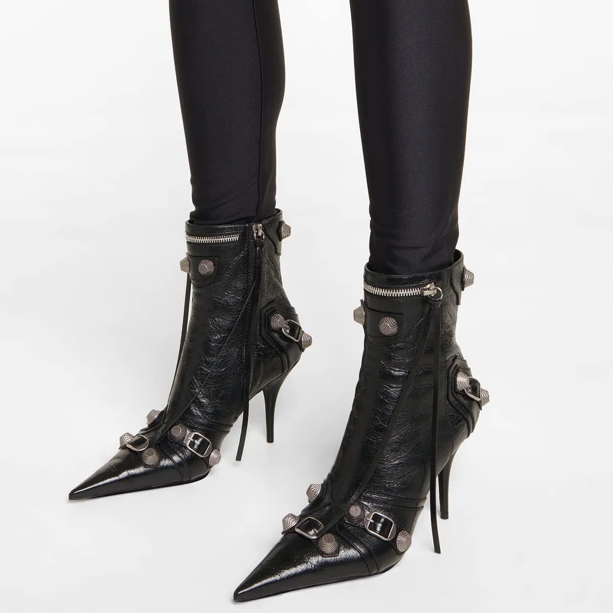 Arqa Women's Stiletto High Heel Ankle Boots,Tassel Pointy Toe Studded Zipper Booties Motorcycle Boot