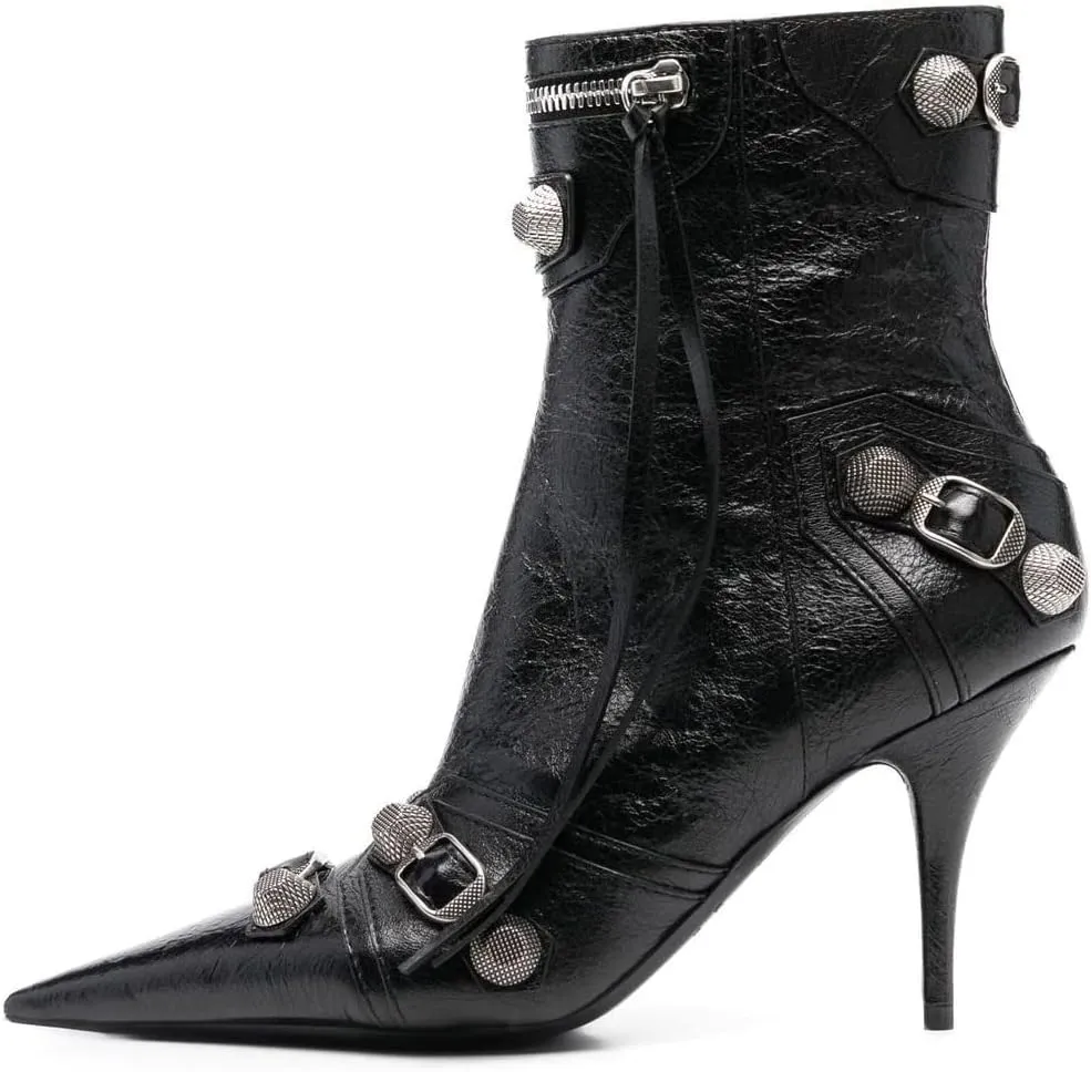 Arqa Women's Stiletto High Heel Ankle Boots,Tassel Pointy Toe Studded Zipper Booties Motorcycle Boot