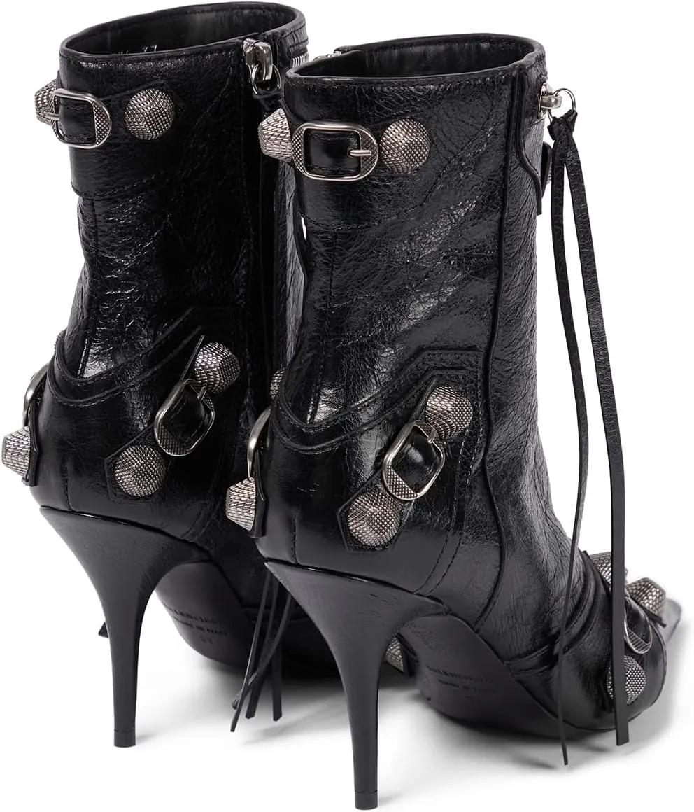 Arqa Women's Stiletto High Heel Ankle Boots,Tassel Pointy Toe Studded Zipper Booties Motorcycle Boot