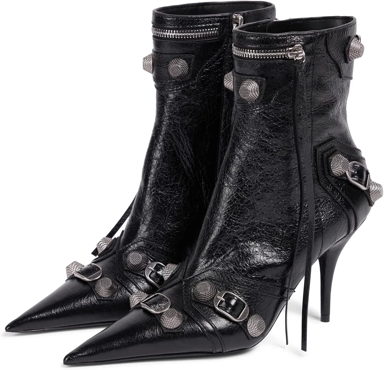Arqa Women's Stiletto High Heel Ankle Boots,Tassel Pointy Toe Studded Zipper Booties Motorcycle Boot