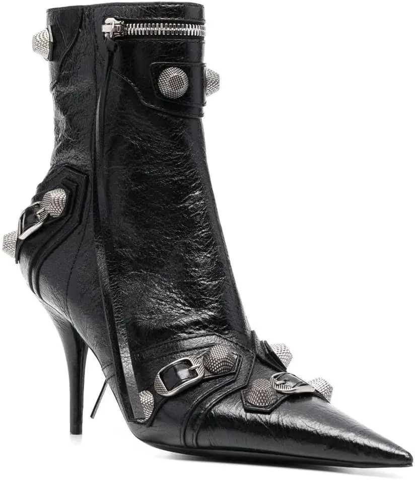 Arqa Women's Stiletto High Heel Ankle Boots,Tassel Pointy Toe Studded Zipper Booties Motorcycle Boot