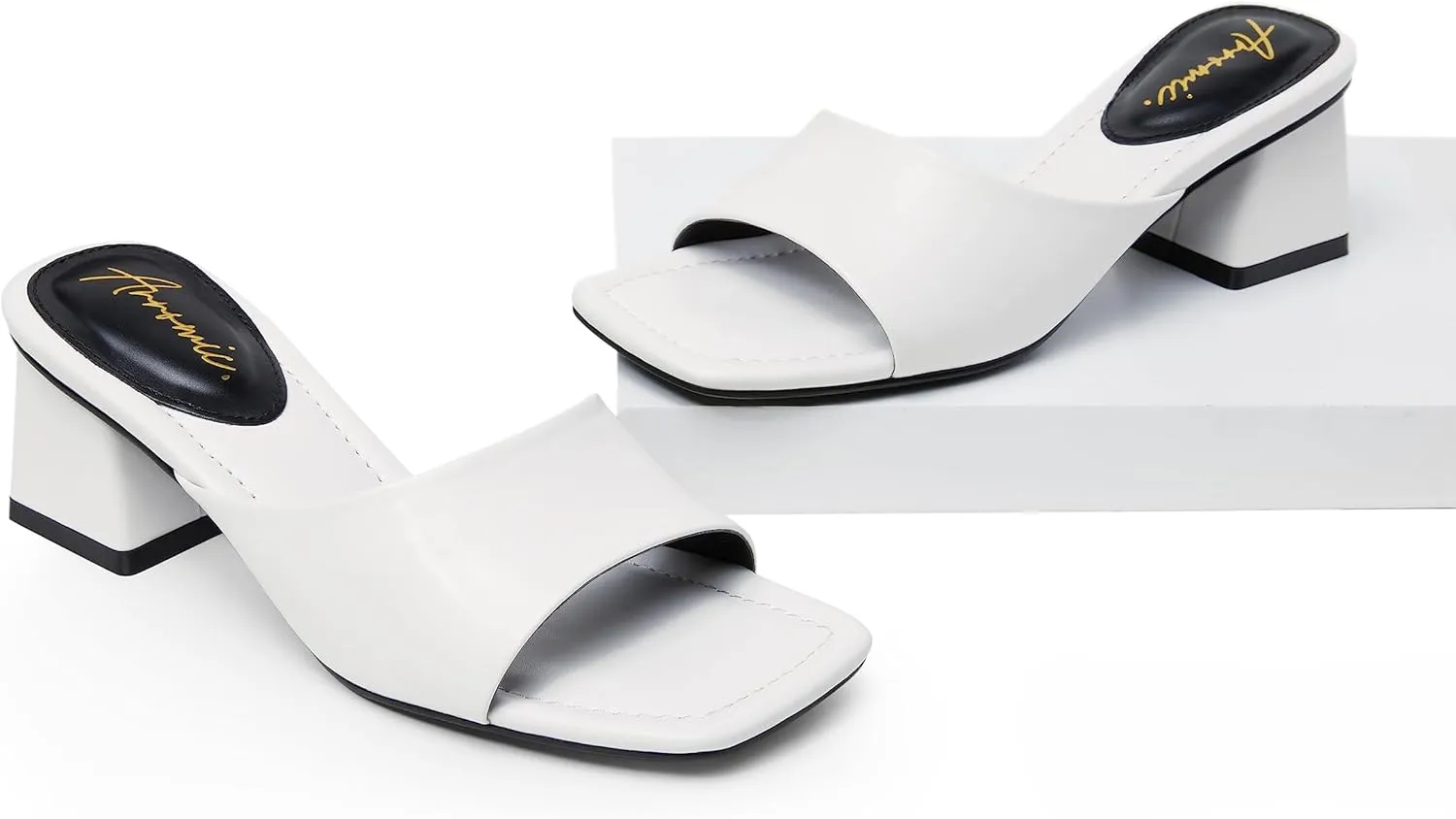 Arromic Women's Block Mule Heeled Sandals Clear Black Nude White Chunky Heels Backless Square Open Toe Slip on Mules Heeled Slippers Dressy Party Prom Wedding Shoes