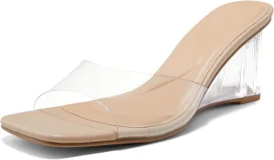 Arromic Women's Clear Wedge Heels Sandals Square Toe Slip On Heeled Sexy Transparent Low Summer Dress Evening Party Wedding Prom Slides Mules Slippers Shoes