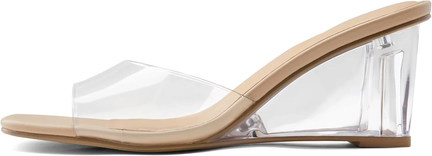 Arromic Women's Clear Wedge Heels Sandals Square Toe Slip On Heeled Sexy Transparent Low Summer Dress Evening Party Wedding Prom Slides Mules Slippers Shoes