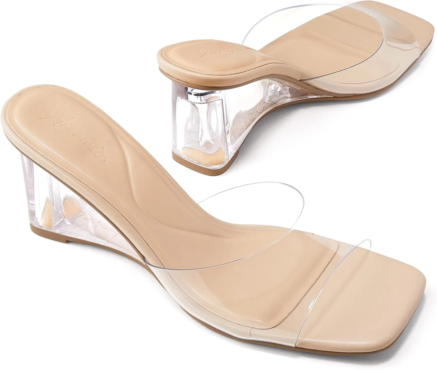 Arromic Women's Clear Wedge Heels Sandals Square Toe Slip On Heeled Sexy Transparent Low Summer Dress Evening Party Wedding Prom Slides Mules Slippers Shoes