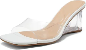 Arromic Women's Clear Wedge Heels Sandals Square Toe Slip On Heeled Sexy Transparent Low Summer Dress Evening Party Wedding Prom Slides Mules Slippers Shoes