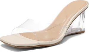 Arromic Women's Clear Wedge Heels Sandals Square Toe Slip On Heeled Sexy Transparent Low Summer Dress Evening Party Wedding Prom Slides Mules Slippers Shoes