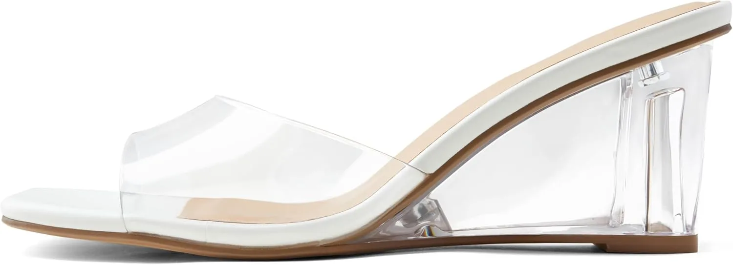 Arromic Women's Clear Wedge Heels Sandals Square Toe Slip On Heeled Sexy Transparent Low Summer Dress Evening Party Wedding Prom Slides Mules Slippers Shoes