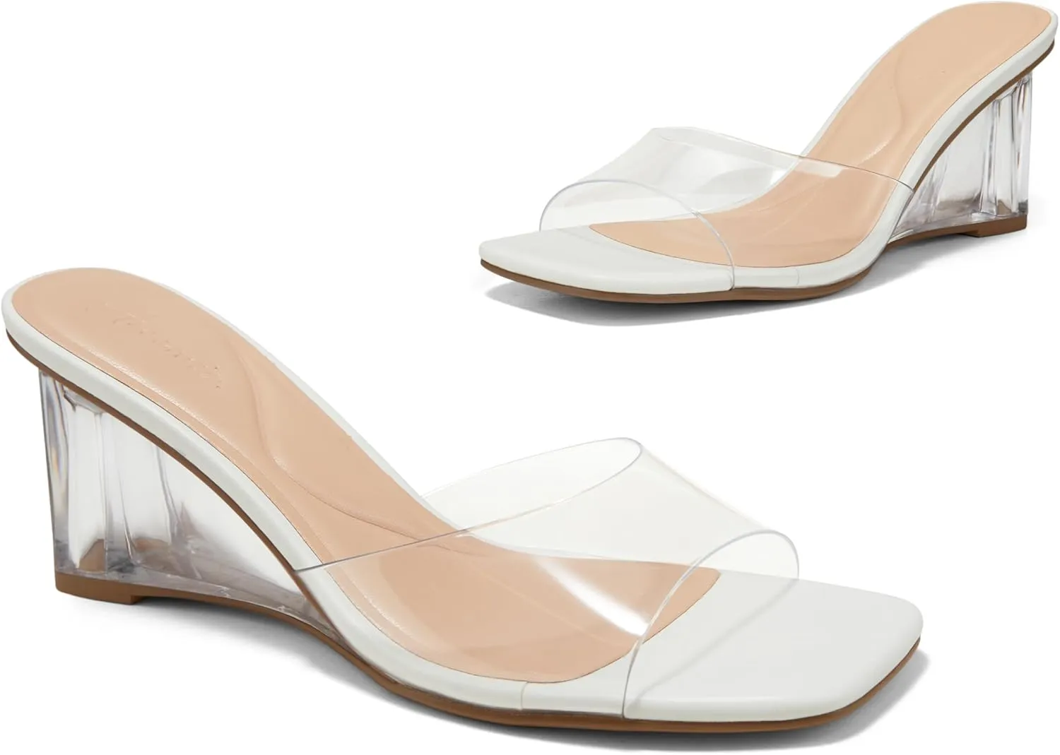 Arromic Women's Clear Wedge Heels Sandals Square Toe Slip On Heeled Sexy Transparent Low Summer Dress Evening Party Wedding Prom Slides Mules Slippers Shoes