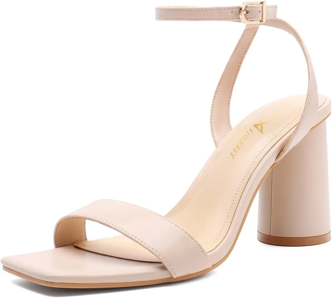 Athlefit Women's Strappy Chunky Block Heels Fashion Square Open Toe Heeled Sandals Ankle Strap Wedding Party Shoes