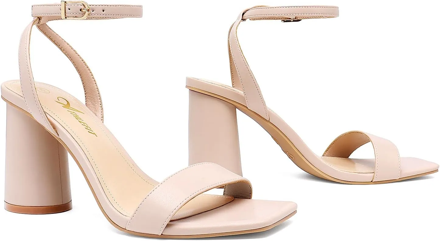 Athlefit Women's Strappy Chunky Block Heels Fashion Square Open Toe Heeled Sandals Ankle Strap Wedding Party Shoes