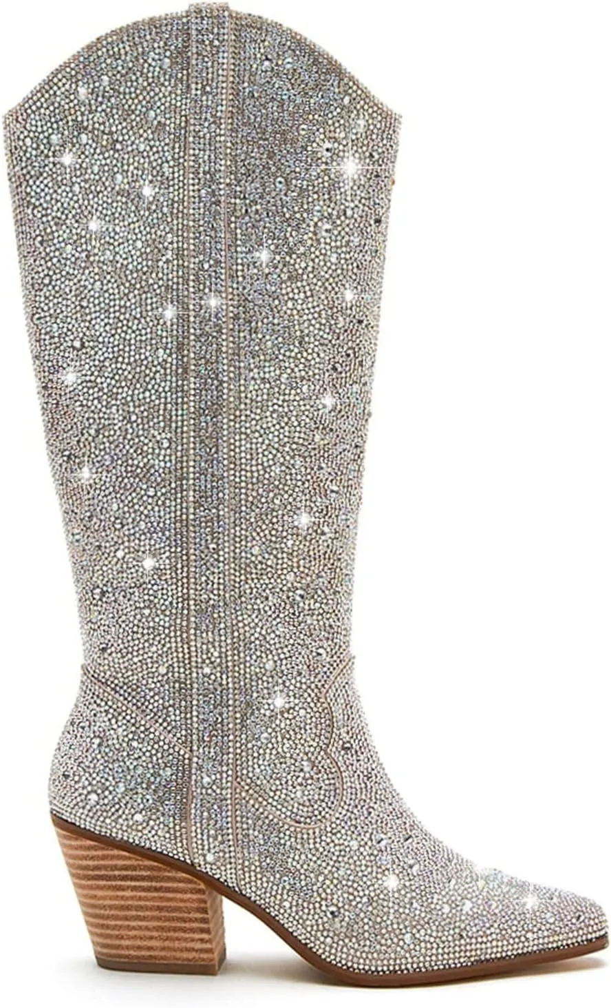 Atuelang Women's Rhinestone Cowboy Boots Sparkly Knee High Boots Fashion Pointed Toe Block Heel Mid Calf Cowgirl Short Ankle Booties