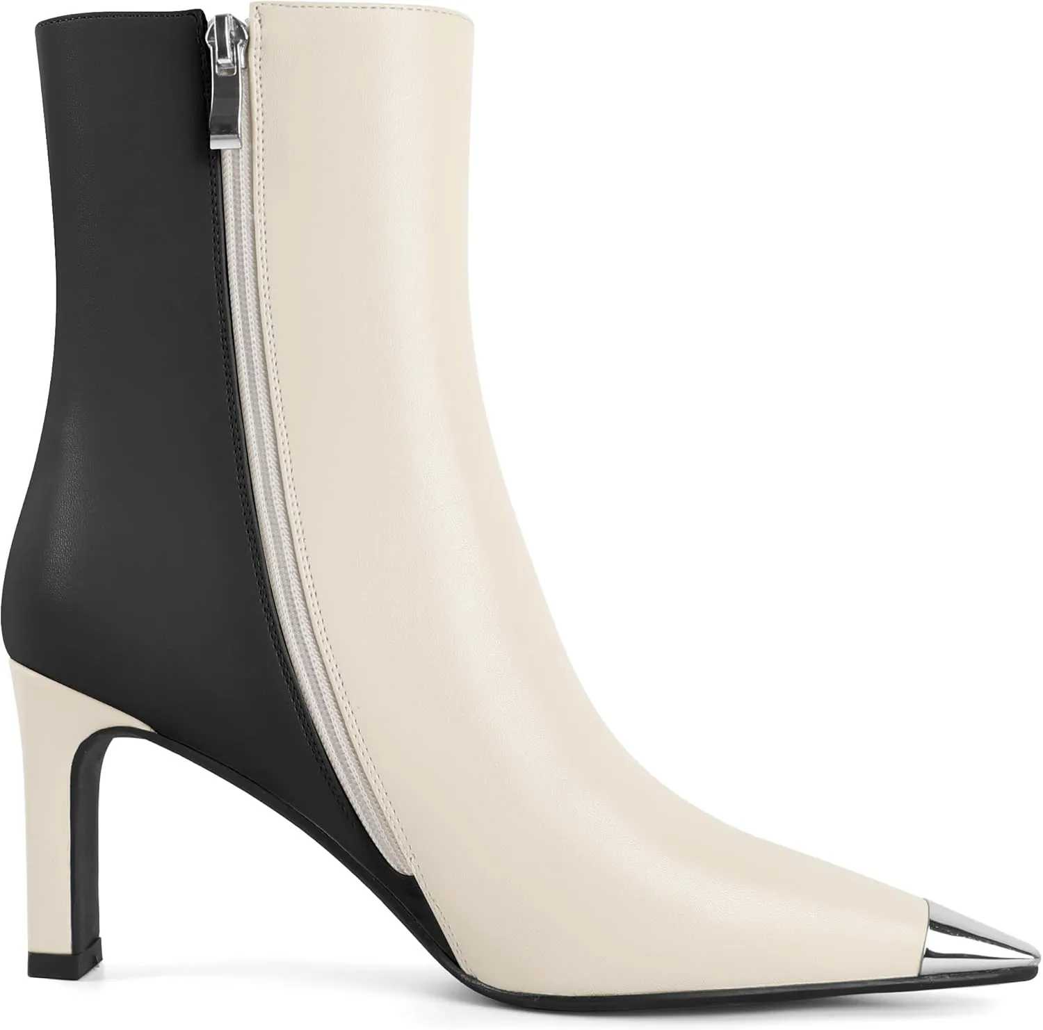 AUMOTED Women's Chunky High Heel Ankle Booties Silver Cap Square Toe Boots Side Zipper Fashion Short Boots 3.5 Inch