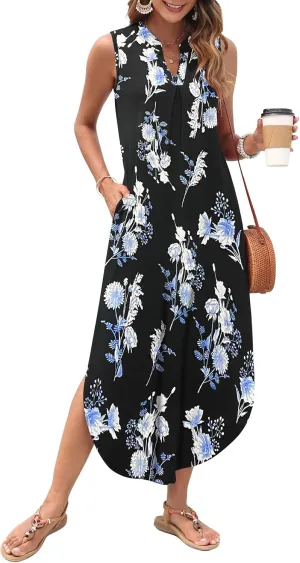 AUSELILY Womens Summer Casual Maxi Dresses 2025 Sleeveless Long Beach Dresses V Neck Loose Sundresses with Side Split Pockets