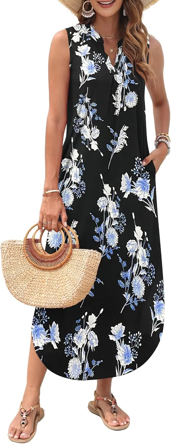 AUSELILY Womens Summer Casual Maxi Dresses 2025 Sleeveless Long Beach Dresses V Neck Loose Sundresses with Side Split Pockets
